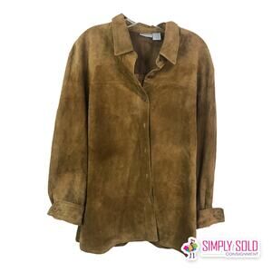North West Blue Women XL Suede Shirt/Jacket Brown Button Up Roll Tab Long Sleeve
